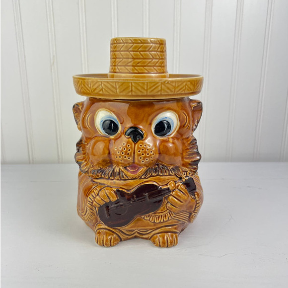 Vintage Kitsch Anthropomorphic Brown Bear Cookie Jar Holding Guitar with Hat